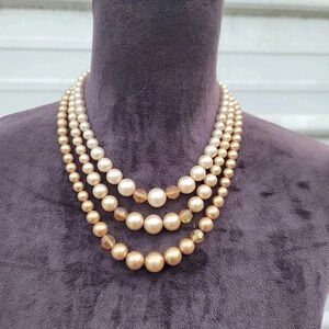 Vintage PAN Gold Tone Triple Strand Creamy Faux Pearl Accent Necklace Han 14"+3"
